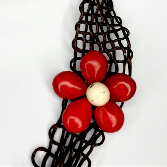 Artisan Red Flower Boho Cord Necklace & Bracelet - Picture 13 of 16